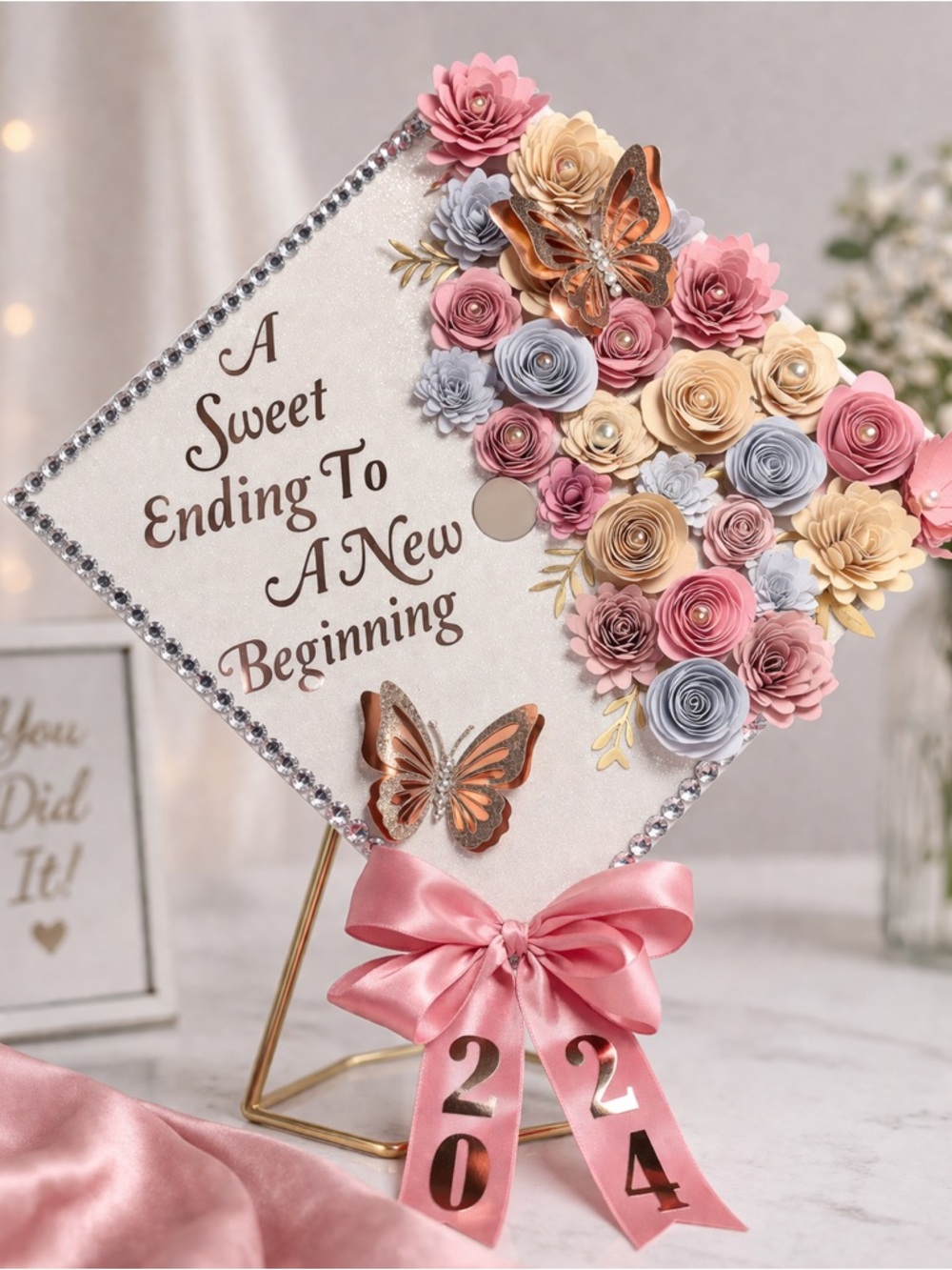Handcrafted Floral Graduation Cap Topper with Pink Ribbon - Picture 2 of 3